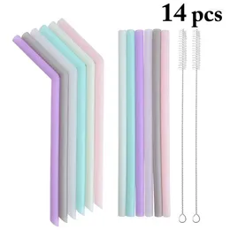 Drinking Straws 12PCS Silicone Straw Portable Reusable Folding Extra Long Flexible With Clean Brush