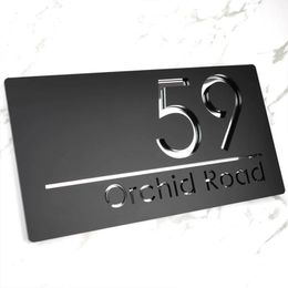 Personalised Laser Cut Acrylic Modern House Door 3D Number Sign Plaques Outdoor Street Family Name Plates Matte Black 28x15cm