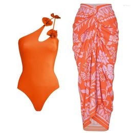 Women's Swimwear 2024 Vintage 3D Flower Decor Yellow One Piece Swimsuit And Skirt Set Women Beachwear Luxury Bathing Suit