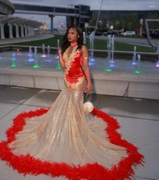 Party Dresses Red Gold Mermaid Prom Ceremony For Women Lace Beaded Feather Black Girl Evening Birthday Gown Vestidos Festa Luxo