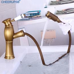 Bathroom Sink Faucets Pull Out Antique Faucet Cold Water Mixer Basin Tap Single Hole Deck Mounted Brass Luxury Brushed Torneiras