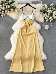 Casual Dresses Foamlina's Vest Satin Dress Ladies Socialite Hollow Out Backless Slim Fit And Long Contrasting Color Patchwork Suspender