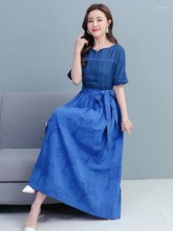 Party Dresses Summer Tunics Flax Casual Midi Formal Dress 2024 Women Blue Fashion Elegant Prom O-Neck Floral Chic Robe Longue