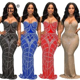 Casual Dresses QILI-Women's Scalding Mesh Sleeveless Strap Long Dress Rhinestone Split Bodycon Elegant Lady Party Club