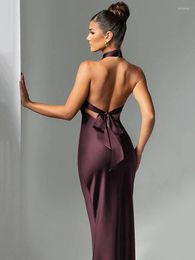 Casual Dresses Mozision Satin Backless Sexy Maxi Dress For Women Summer Halter Sleeveless Lace-up Bodycon Club Party Long Elegant