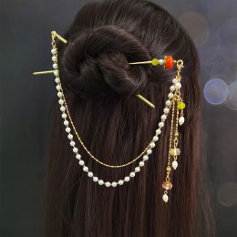 Chinese Style Hair Jewellery Gold/Silver Colour Metal Hair Sticks Forks Pearl Pendant Jewellery for Women Hair Bun Maker Headpieces