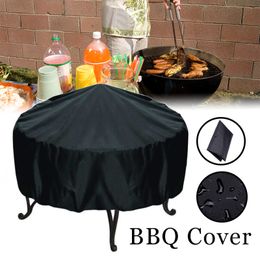 Black Waterproof Patio Fire Pit Cover Round Table Cover Round BBQ Accessories Grill Cover Anti-UV Dust Rain Barbecue Supplies