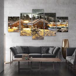 5 Panels Winter Christmas Posters Village Snow Houses Pictures Canvas Prints Wall Art for Living Room Modern Home Decor No Frame