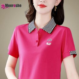 Women's Golf Short Sleeve T-shirts Plaid Lapels T-shirt Thickened Top Oversized Polo Shirts for Youth Ladies Sports Pulovers