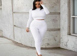 Casual Two Piece Set Long Sleeve Crop Tops Leggings Women Outfit Solid Black White Grey 2 Piece Outfits for Women Sweat Suit T20082358682