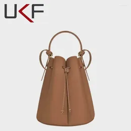 Evening Bags UKF Designer Luxury Leather Handbag 2024 French Flower Bucket Bag Solid Color Shoulder Straddle Portable Women's