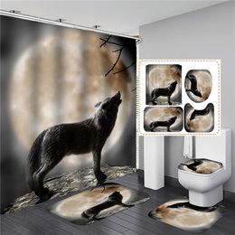 Animal Style Shower Curtain White Wolf Printed Waterproof Bathroom Decor Anti-Slip Toilet Cover Kitchen Rug Doormat Bath Kits