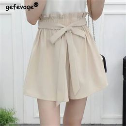 Womens Ruffled Bow Lace Up High Waist Elegant Short Pants Summer Korean Fashion Solid Chic Casual Shorts Pantalones Cortos Ropa 240411