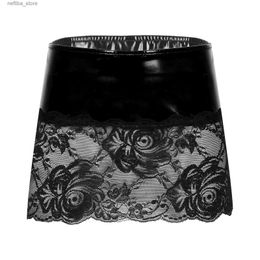 Sexy Skirt Women See-through Lace Patchwork Patent Leather Miniskirt Low Waist Elastic Waistband Skirt for Club Dance Performance Comes L410