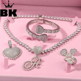 Luxury Heart Jewellery Sets For Women CZ Cubic Zircon Stone Tennis Chain Letter Pendant Necklace Adjustable Bracelet Wave Earring 240402