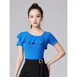 Stage Wear Solid Colour Latin Dance Costume Evening Tops Tango Jazz Rhinestones Waltz 2024 Belly Woman Short Sleeve Ruffle T-shirt