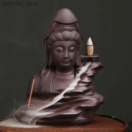 Arts and Crafts Lucky FenShui Avalokitesvar Handicrafts Buddha Waterfall Backflow Incense Burner Home Decor Incense Stick Holder Ceramic Censer L49