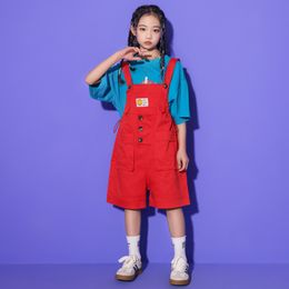 Kids Ballroom Hip Hop Clothing Blue Tshirt Red Short Rompers Overall Street Outfits For Girls Boys Jazz Dance Costume Clothes
