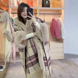 Winter Thicken Warm Velvet Lining Women Plaid Poncho Big Faux Fur Collar Long Tassel Cape Outside Streetwear Coat With Hat