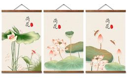 AS3046 Chinese Style Green Plants Lotus Room Wall Art Canvas Posters Chinese Solid Wood Scroll Paintings