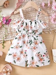 Girl's Dresses Girls spring and summer new casual resort style printed ruffled neck jumpsuit