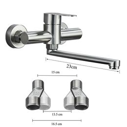 Brushed Nickel Wall Mounted Kitchen Faucet Vegetable Basin Double Hole Mixer Control Cold And Hot Tap