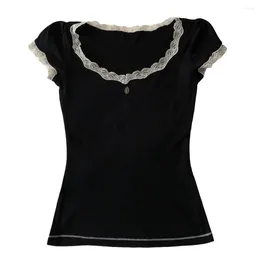 Women's T Shirts Lace Patchwork Retro Tops Summer Short Sleeve Round Neck Slim Fit T-Shirts Black And White T-shirt 2000s Clothes Tees