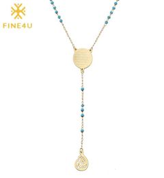 FINE4U N314 Stainless Steel Muslim Arabic Printed Pendant Necklace Blue Color Beads Rosary Necklace Long Chain Jewelry1078788