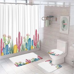 Shower Curtains Cactus Desert Tropical Plant Curtain Set Pink Floral Succulent Bathroom Decor Anti-slip Bath Mat Toilet Cover Carpet Rug