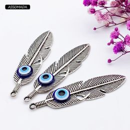 3pcs Blue Eyes Feather Pendant Handmade Necklace Women Gift Leaf Evil Eys Charms For DIY Jewerly Making Accessories Assomada