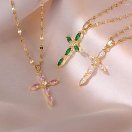 Pendant Necklaces Three Crosses Necklace Stainless Steel Y2K Catholic CZ Rhinestone Cross Luxury Woman Fashion Jewellery