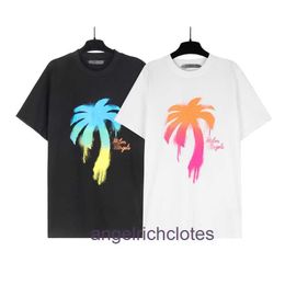 High end Designer clothes for 1:1 Fashion brand Pa Angels color gradient painted coconut tree short sleeve Tshirt male and female lovers high street loose half sleeve