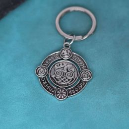 Nedar Norse Elder Futhark Runes Horse Amulet Keychain Pendant Helm of Awe Odin's Horn Keyring Triquetra Viking Jewelry Key Chain