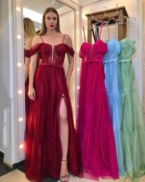 Party Dresses Real Image Tulle Long Prom Spaghetti Sweetheart Lace Top Bridesmaid Dress Off Shoulder Side Slit A Line Evening Gowns