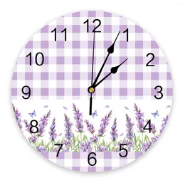 Wall Clocks Purple Lavender Flower Butterfly Plaid Large Kids Room Silent Watch Office Decor 10 Inch Hanging Gift