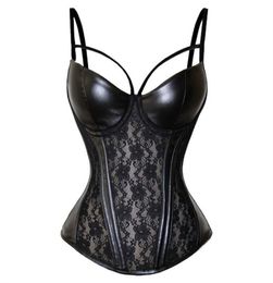 Sexy Steampunk Bustier Gothic Leather Black Lace Lingerie Floral Waist Cincher Steel Boned Body Shaper Corsete Overbust Pant Set1160940