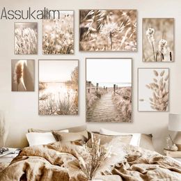 Beige Scenery Wall Art Decor Road Reed Canvas Pictures Pampas Grass Print Paintings Nordic Wall Posters Living Room Decoration