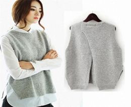 Autumn Cashmere Sweater Vest Women Sleeveless ONeck Back cross split Knitted Pullover Vest Female Jumper pull femme T1909235370540