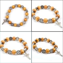 Bangle Bangle Komi Natural Solid Wood Elastic Wire Alloy Saint Religious Rosary Bracelet Men Women Catholic Jesus Christ Jewellery P1350601