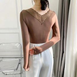 Spring Lycra Thermal Underwear Women Blouse Autumn Female Thin Bottomed Clothes Lace O-Neck Pullover Full Sleeve Slim T-Shirt