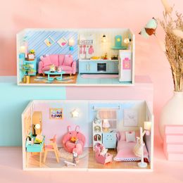 DIY Wooden Doll Houses Miniature Building Kits with Furniture Mini Bedroom Kitchen Casa Dollhouse Toys for Girls Birthday Gifts