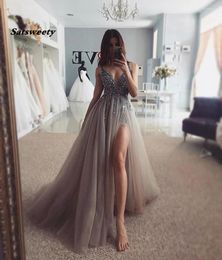 Party Dresses Sexy Evening Gowns Long V-Neck High Slit Tulle Beaded Handmade Vestidos De Gala Crystal Formal Gown Gray Prom