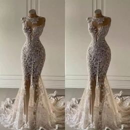 Crystal Mermaid Wedding Dresses See Through Lace Appliqued Bridal Gowns Luxurious Sequined Wedding Dress Customise