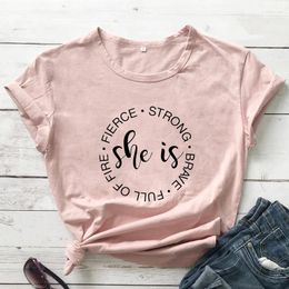 Women's T Shirts She Is Fierce Strong Brave T-shirt Casual Women Short Sleeve Inspirational Quote Top Tee Lady Religious Christian Bible