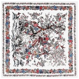 130CM Silk Scarf Women Large Shawls Tree Birds Print Stoles Square Bandana Luxury Kerchief Hijab Female Foulards Beach Towel 240327