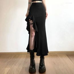 Skirts Skinny High Waist Ruffled Hem Split For Summer Women's Skirt 2024 Fashion Sexy Bag Hip Lace Open Irregular Maxi