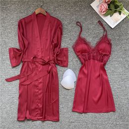 Pink Lace Robe Set Women Kimono Gown Satin Sleepwear Bride Bridesmaid Wedding Robe Female V-neck Sleep Set Silky Nighty&Robe Set