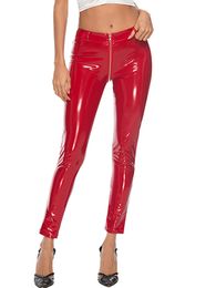 CUHAKCI Club Party Black Red Pink Push Up Women Sexy Shiny PU Leather Leggings Zipper Low Waist Reflective Mirror Trousers