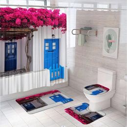 Shower Curtains Nordic Greece Buildings Curtain Set City Street Blue Window Door Flower Tree Bathroom Decor Bath Mat Rug Toilet Lid Cover