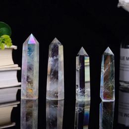Decorative Figurines 1pc Natural White Electroplate Hexagonal Column Crystal Rock Mineral Specimen Point Rainbow Wand Home Decoration Reiki